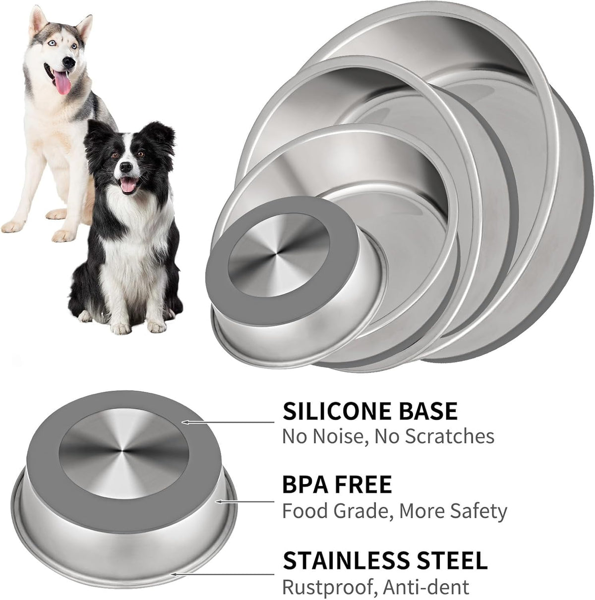 Taglory 8 Cup Stainless Steel Dog Bowls Set of 2 for Food and Water, Silicone Base Anti-Slip, Rust