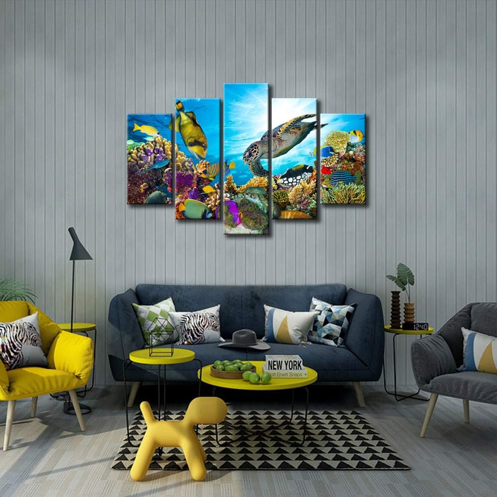 Xlarge 5 Piece Underwater World Canvas Wall Art Painting Sea Turtles Tropical Fish Swim on Coral