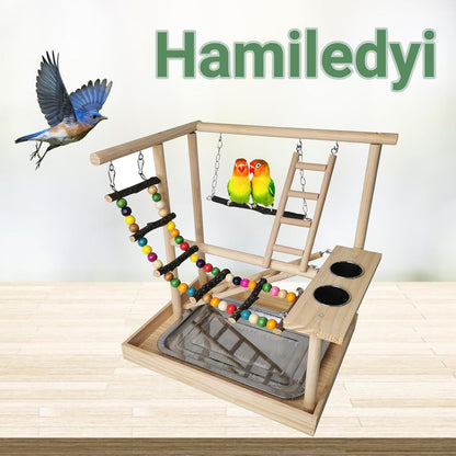 Hamiledyi Parrots Playground Bird Play Gym Wood Perch Stand Colours Climb Ladders Swing Chewing