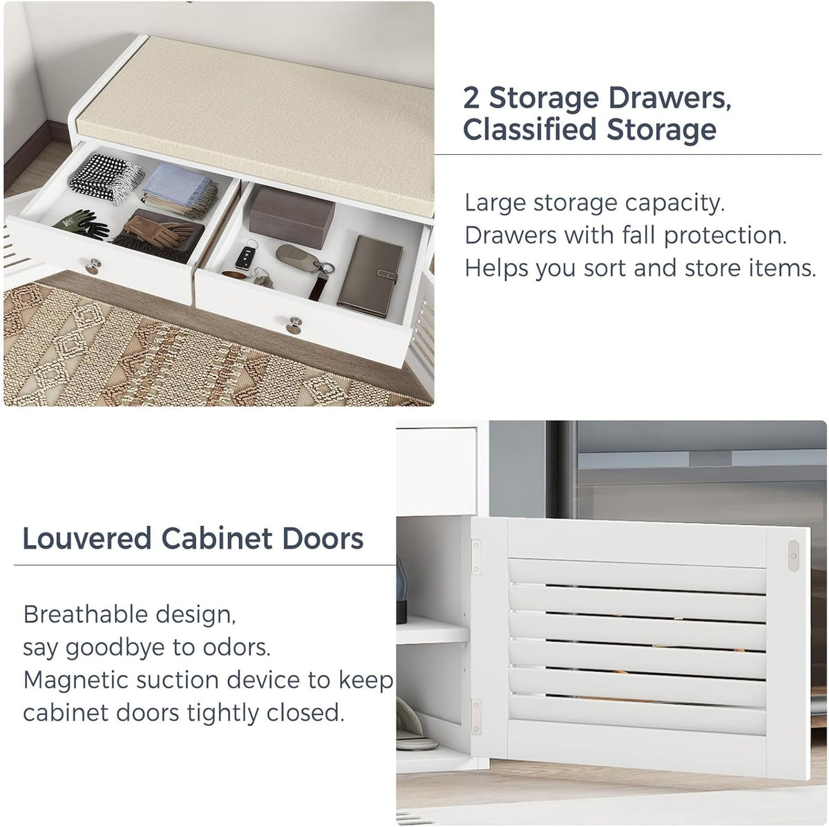 Shoe Storage Bench with 2 Drawers & 2 Doors, Entryway Bench with Cushion, 2 Adjustable Shelves