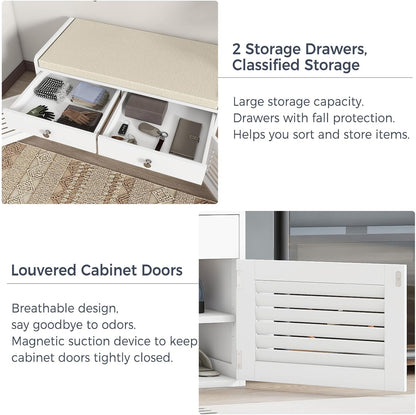 Shoe Storage Bench with 2 Drawers & 2 Doors, Entryway Bench with Cushion, 2 Adjustable Shelves