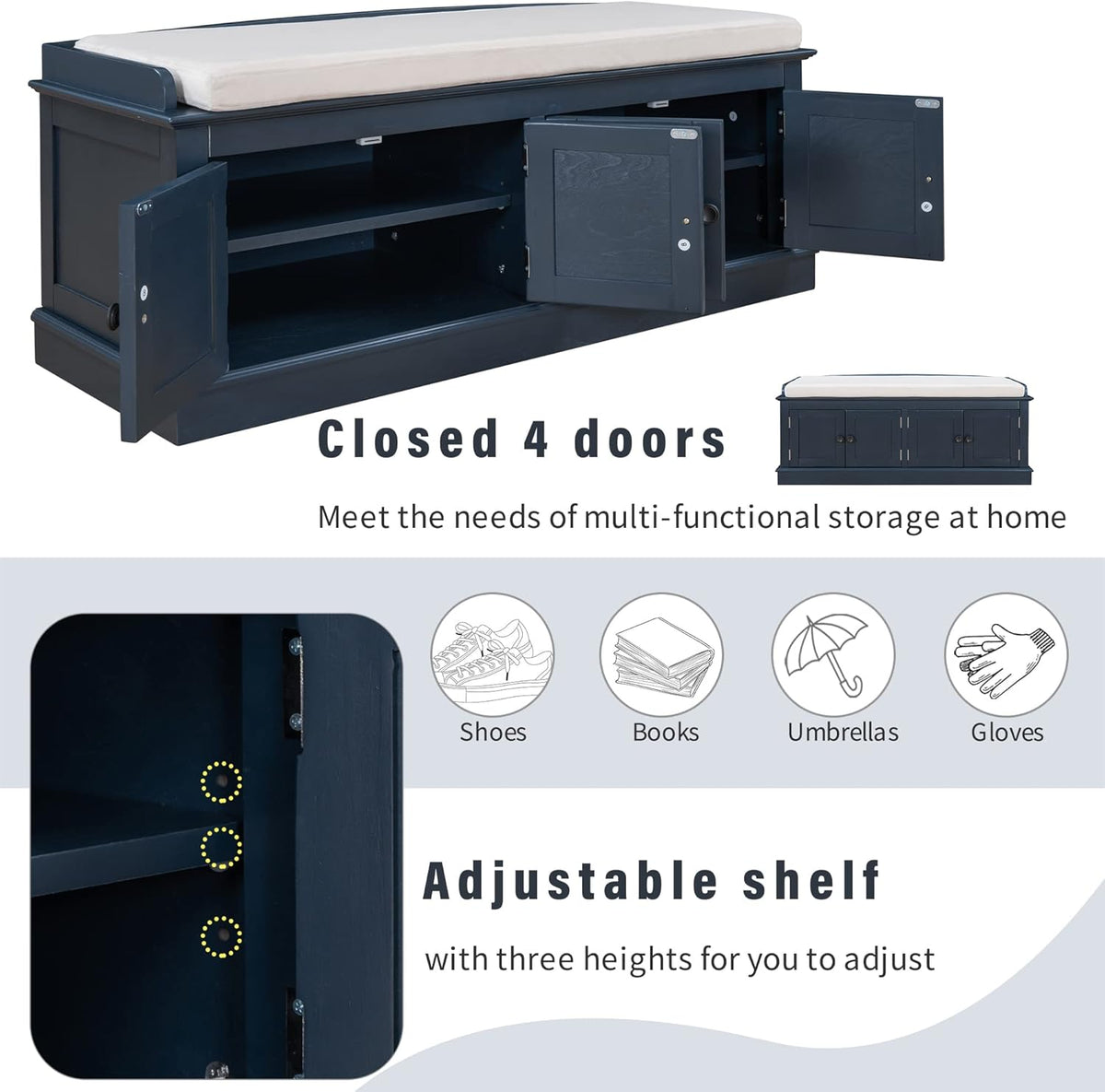 Storage Bench with 4 Doors and Adjustable Shelves, Shoe Bench with Removable Cushion for Living