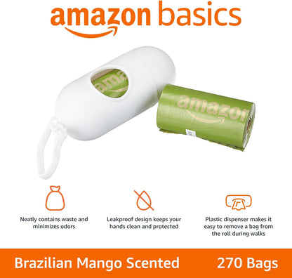 Amazon Basics Dog Poop Bags with Dispenser, 270 Count, Enhanced for Guaranteed Leakproof, Brazilian