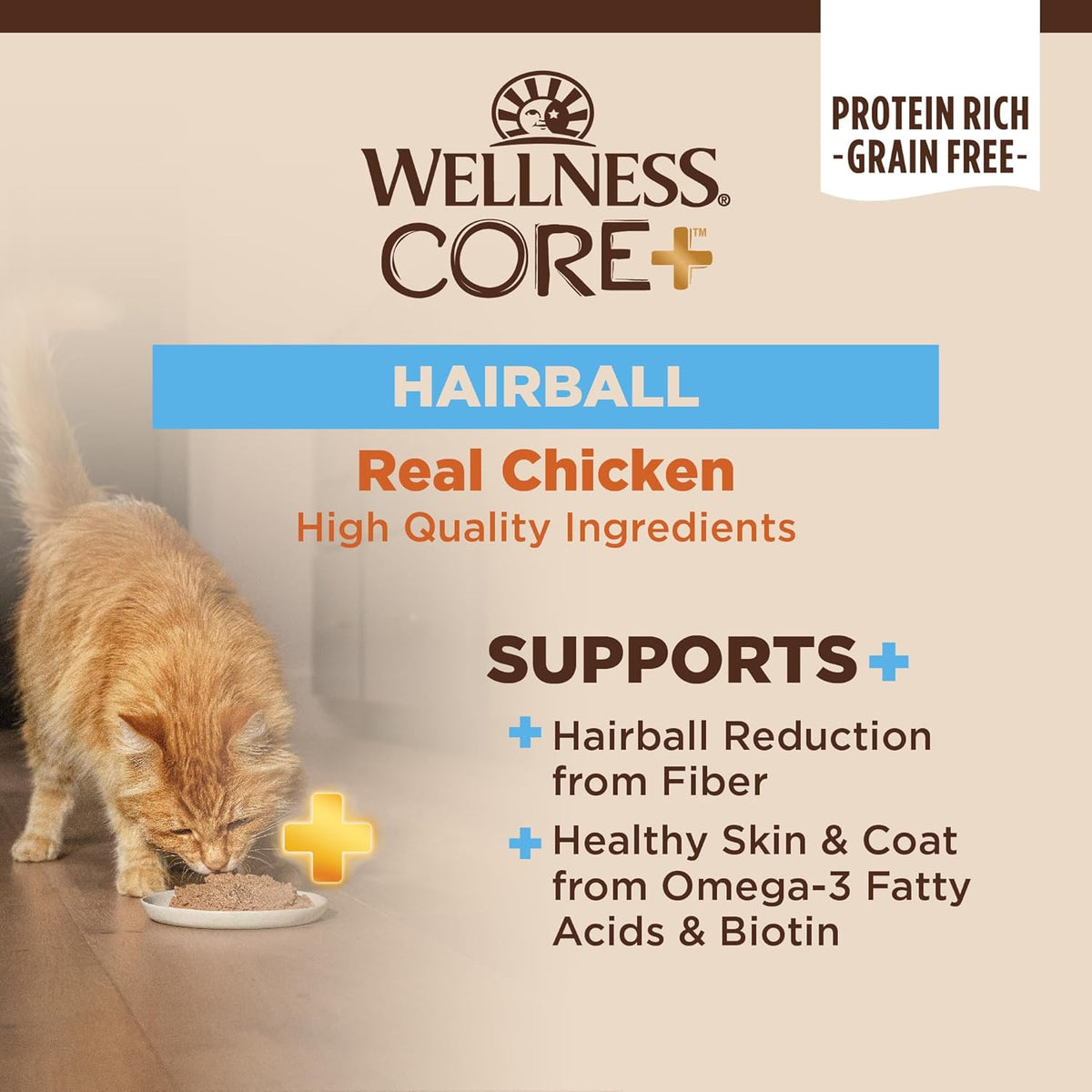 Wellness CORE+ Hairball Pate Adult Wet Cat Food, Natural, Protein-Rich, Grain Free, 2.8 Ounce, 12