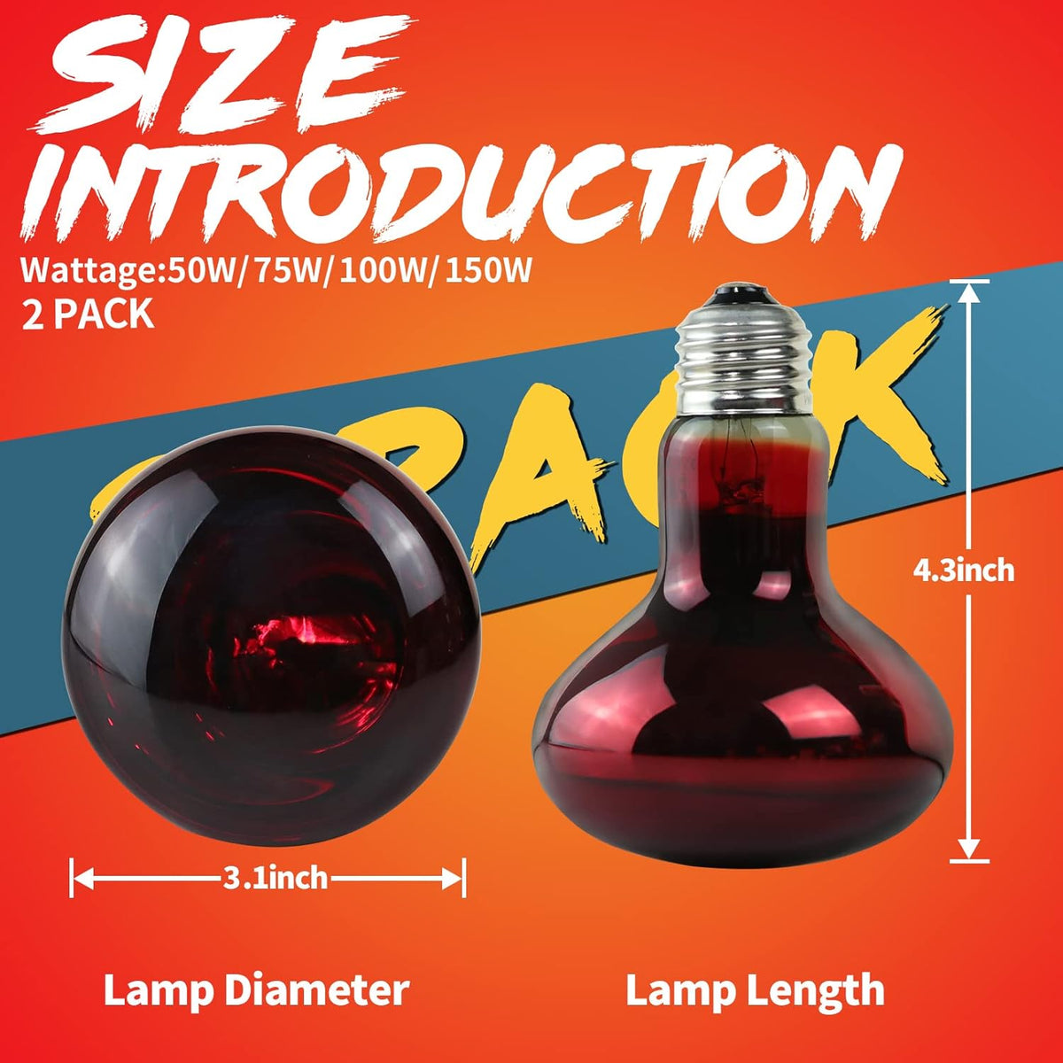 LUCKY HERP 100W Reptile Heat Lamp Bulb 2 Pack, Amphibian Infrared Basking Spot Light Bulb, Red Heat