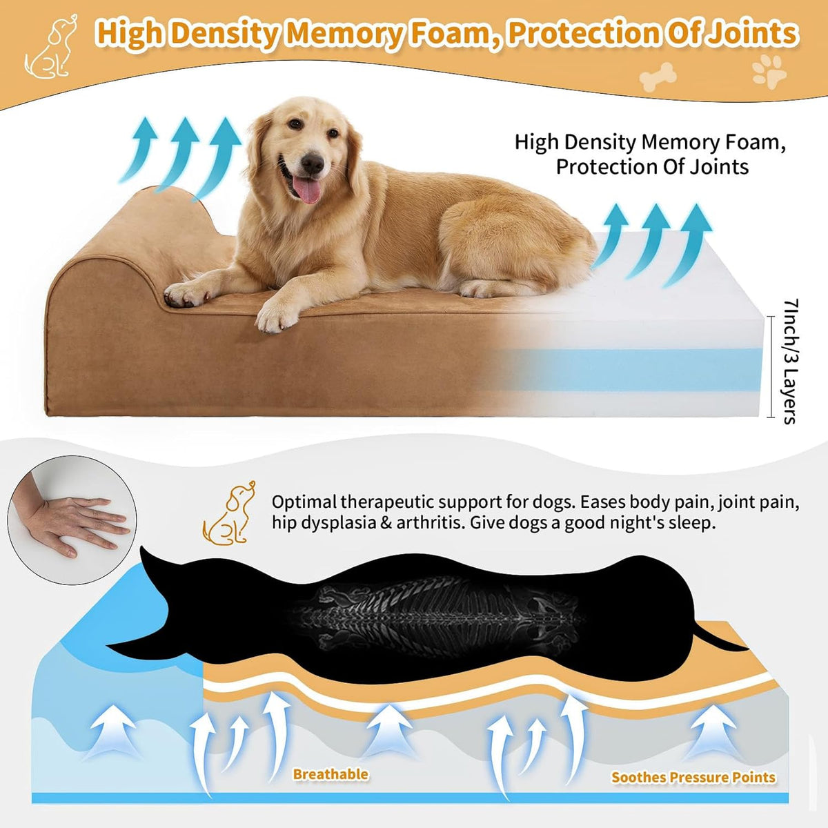 Large Orthopedic Dog Bed, 7" Memory Foam with Waterproof Liner, Chew Resistant Microsuede Cover