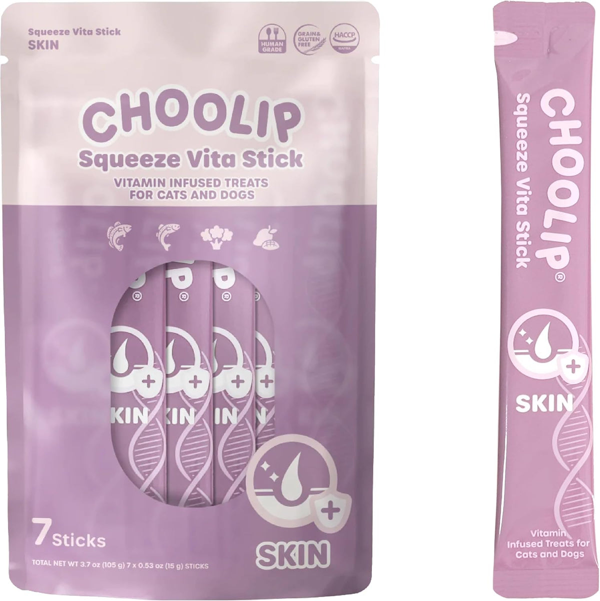 Squeeze Vita Stick Lickable Treats for Dogs & Cats. 7 Skin & Coat Support Sticks with Essential