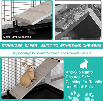 2-Tier Rabbit Hutch with Wheels, Indoor & Outdoor Small Animal Cage with Deep Pull-Out Tray