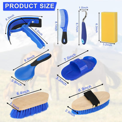 9 Pieces Grooming Kit with Tote Bag - Horse Brush Set, Sweat Scraper, Sponge, Hoof Pick, Curry Comb