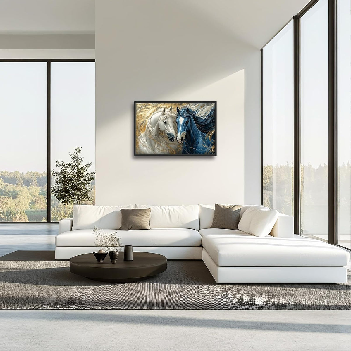 Framed Large Horse Wall Art for Living Room, Oversized Abstract Horses Wall Decor Blue and Golden