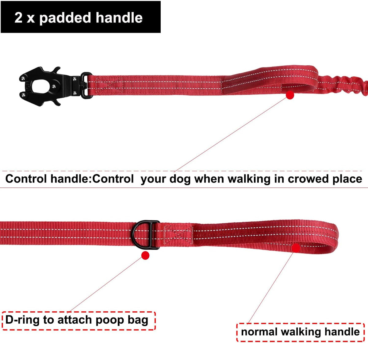 ICEFANG Tactical Dog Leash,K9 Training Walking Bungee Lead with 2 Control Handle,Heavy Duty Quick