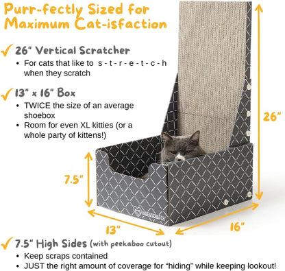 HIDE & SCRATCH 26" L Shaped Cat Scratcher Box and Cat Bed with Double-Sided Cardboard Cat Scratch