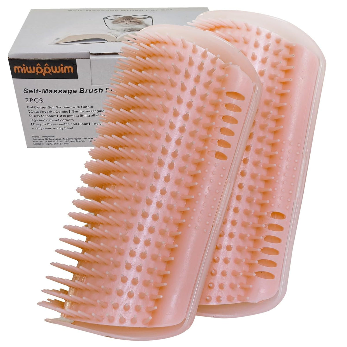Cat Self Groomer, Extended (6.1"), 2 Pack, Pink, Wall Corner Self Grooming Brush for Indoor Cats