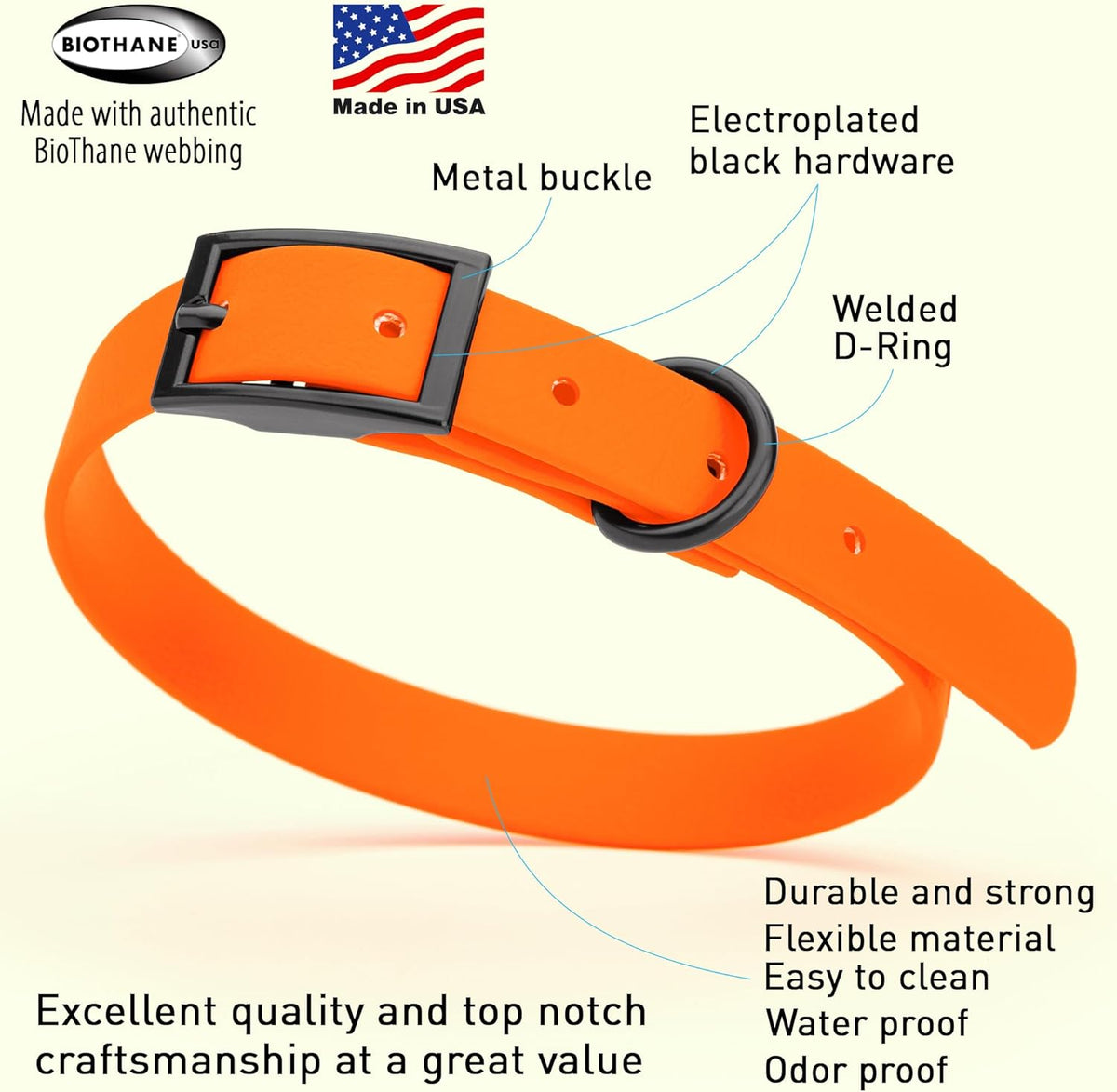 Dogline Biothane Waterproof Dog Collar Strong Coated Nylon Webbing with Black Hardware Odor- Proof
