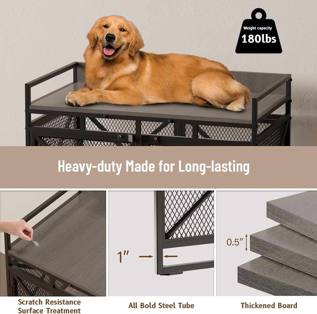 COZPAW Large Dog Crate Furniture, 48 Inch Wooden Dog Kennel for XLarge Dogs, Heavy Duty Dogs