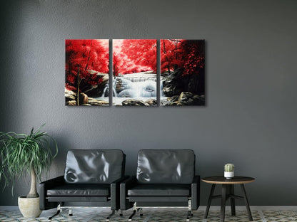 Wieco Art 3 Piece Red Forest Waterfalls Canvas Prints Wall Art for Living Bedroom Room Home