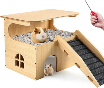 Wooden Guinea Pig Castle Hideout,Enlarged Guinea Pig Castle,Wooden Hamster House with Stairs &