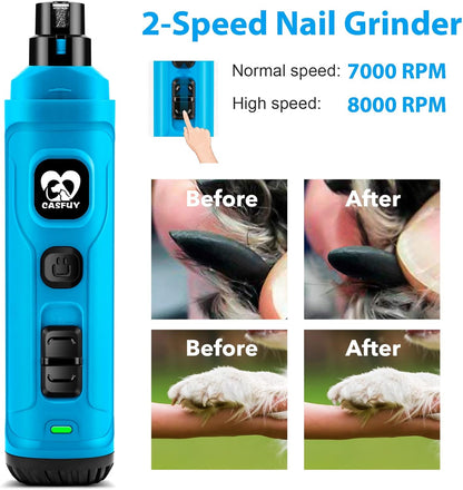 Casfuy Dog Nail Grinder with 2 LED Light - New Version 2-Speed Powerful Electric Pet Nail Trimmer