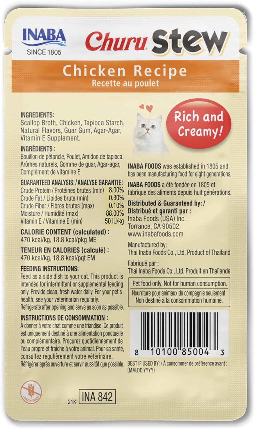 INABA Churu Stew for Cats, Creamy Broth Gelée with Shredded Chicken Topper/Treat Pouch with Vitamin