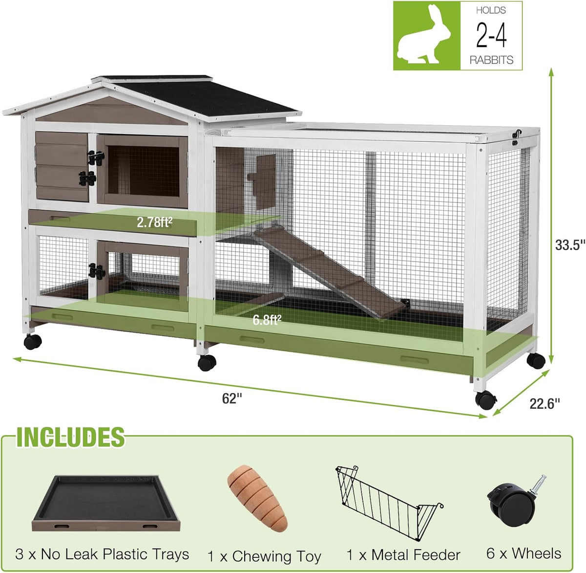 GUTINNEEN Rabbit Cage Indoor Bunny Hutch with Chew-Proof Ramp - 2 Story Guinea Pig Cages Outdoor