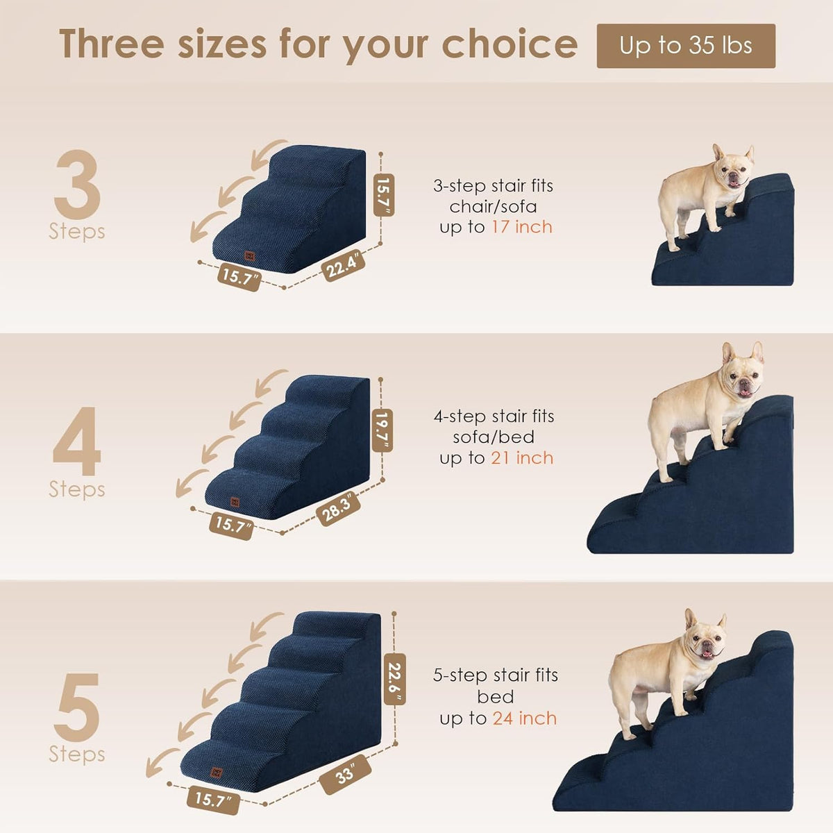 EHEYCIGA Curved Dog Stairs Ramp for Small Dogs 15.7" H, 3-Step Dog Steps for Couch Sofa and Chair