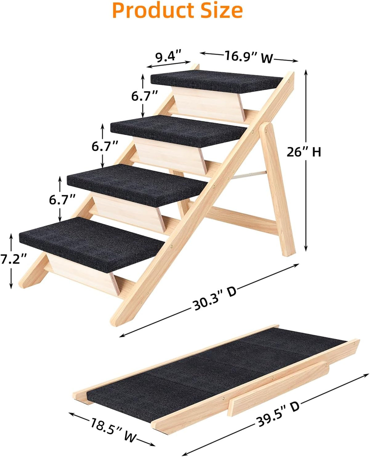 Dog Stairs/Ramp for Bed, Wooden Convertible Pet Steps, Portable Dog Ladder Up to 180 Pound for