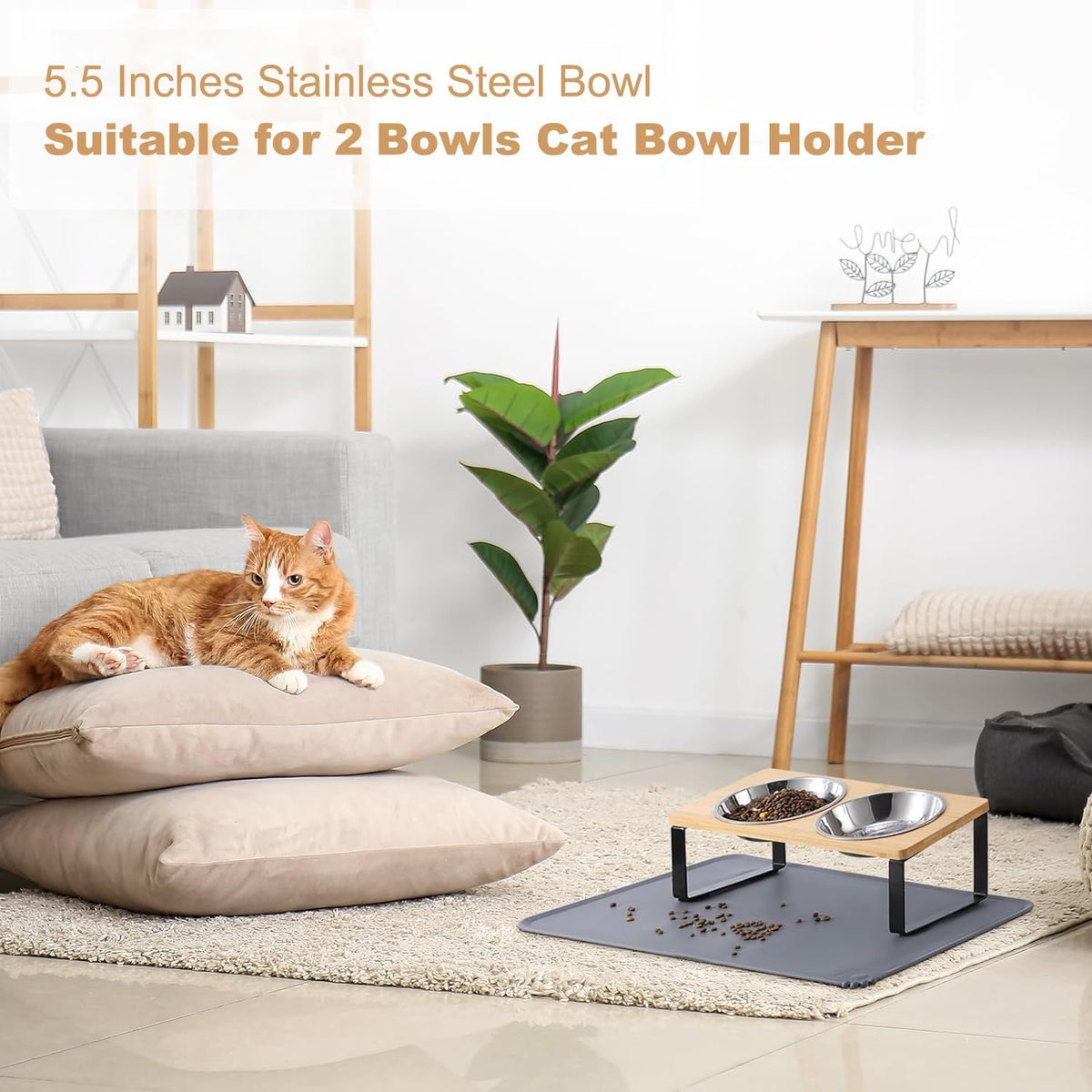 Stainless Steel Raised Cat Food Bowl for 2 Bowls, 5.5-Inch Replaceable Cat Bowl, Pack of 2 （Not fit