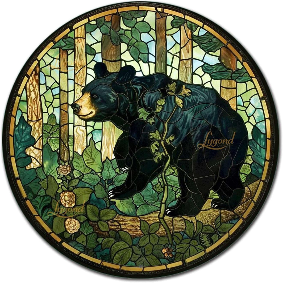 Lygond Metal Sign Tin Sign Circular Stained Glass American Black Bear Funny Bathroom Wall Decor for