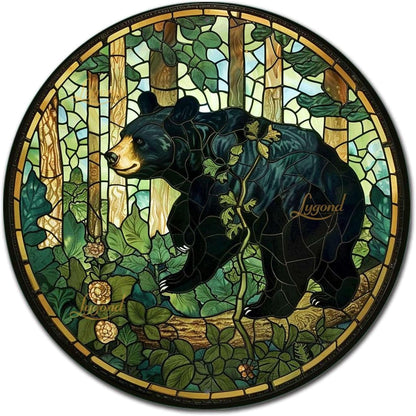 Lygond Metal Sign Tin Sign Circular Stained Glass American Black Bear Minimalist Wall Art for
