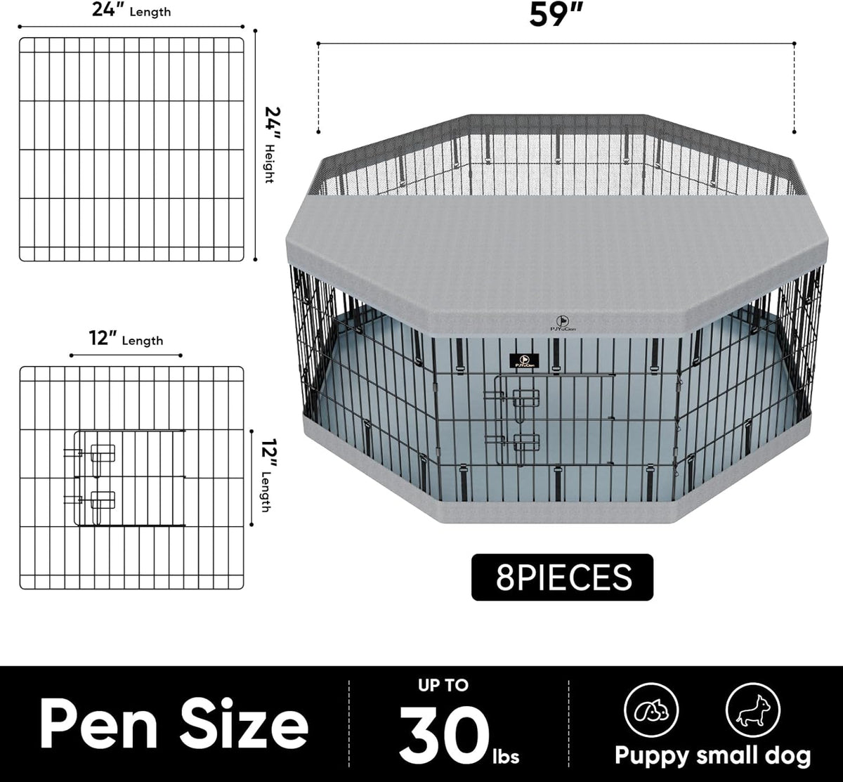 PJYuCien Dog Playpen, 8 Panels 24”H Dog Playpen Indoor with Grey Bottom Pad and Top Cover, Metal