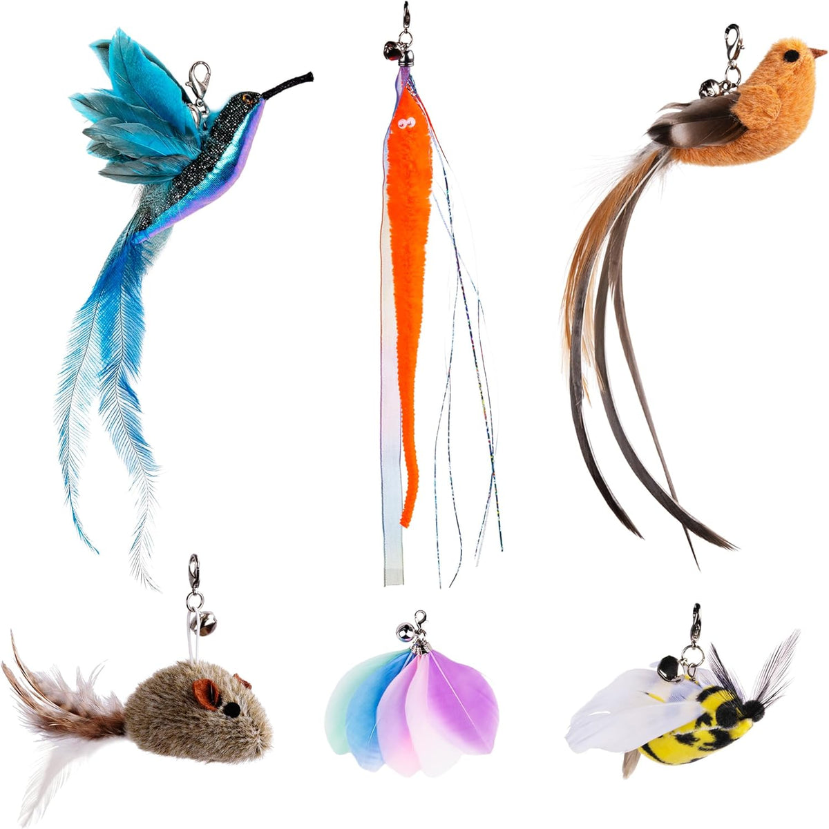 JXFUKAL Cat Feather Toy Refills, 6Pcs Simulation Bird Mouse Bee Worm Feather Cat Lures Wand