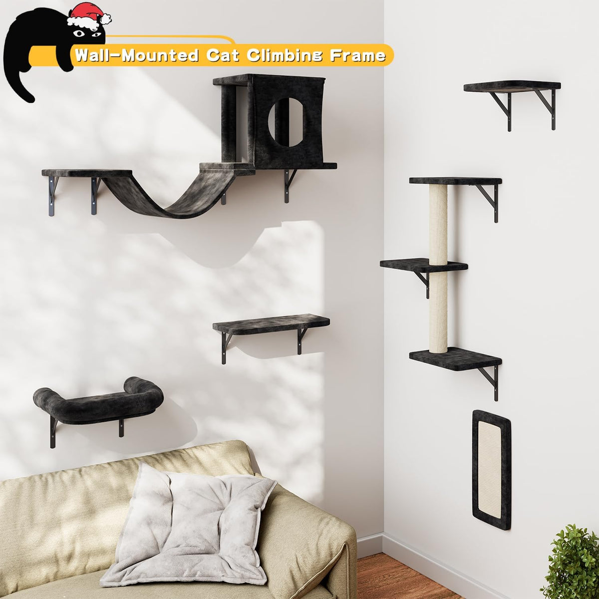 NUNU LAB Wall Mounted Cat Furniture, 6 Pcs Cat Wall Shelves with Condo House, Bridge, Steps
