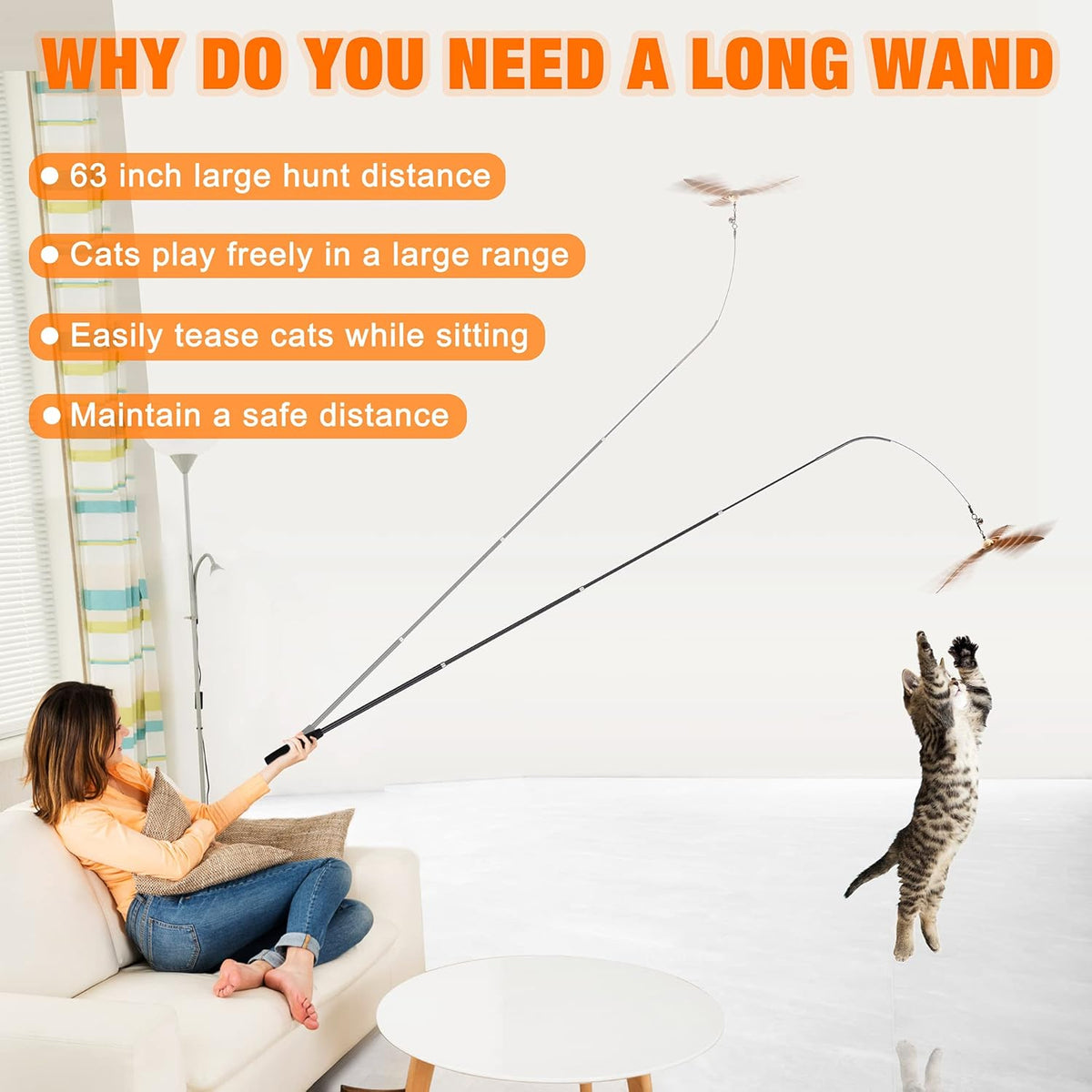 JXFUKAL 2025 Latest Cat Toys, 2 in 1 Spring Cat Wand Toy with 2PCS Ultra-Long Cat Teaser, 4PCS