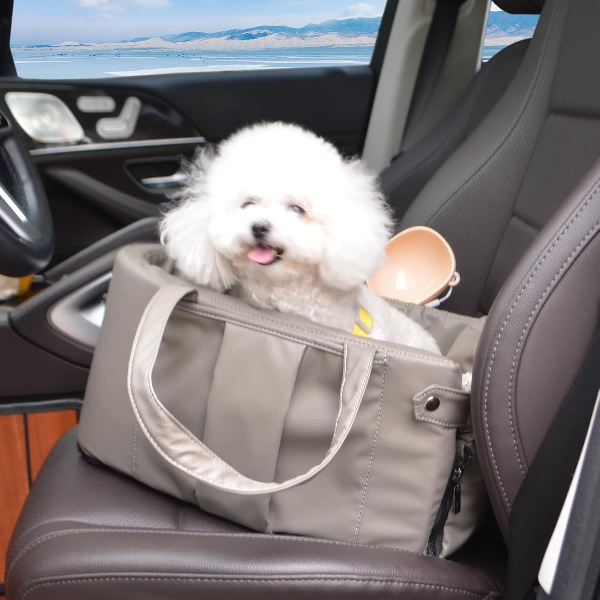 2 and 1 Center Console Dog Car Seat & Carrier for Small Dogs, Large Leather Dog Car Bed with