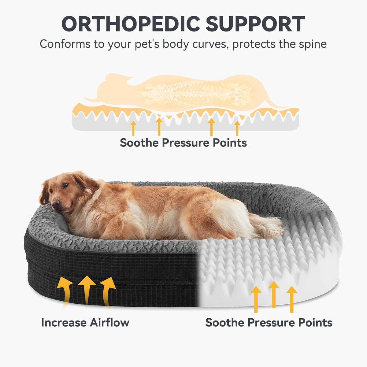 JOEJOY Orthopedic Dog Beds Large Sized Dog, Egg-Crate Memory Foam Pet Couch Bed with Bolster Sides