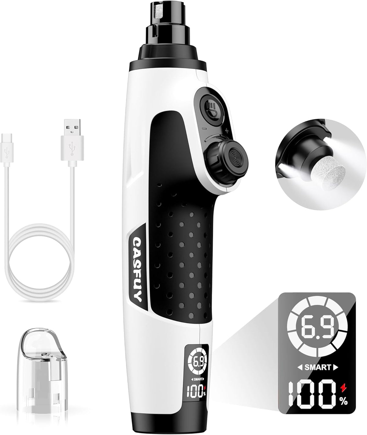 Casfuy Smart 6-Speed Dog Nail Grinder - 50% More Power Pet Nail Grinder with 2 LED Lights Quiet