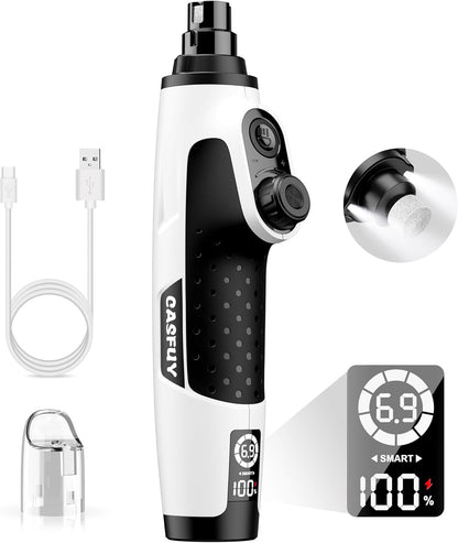 Casfuy Smart 6-Speed Dog Nail Grinder - 50% More Power Pet Nail Grinder with 2 LED Lights Quiet