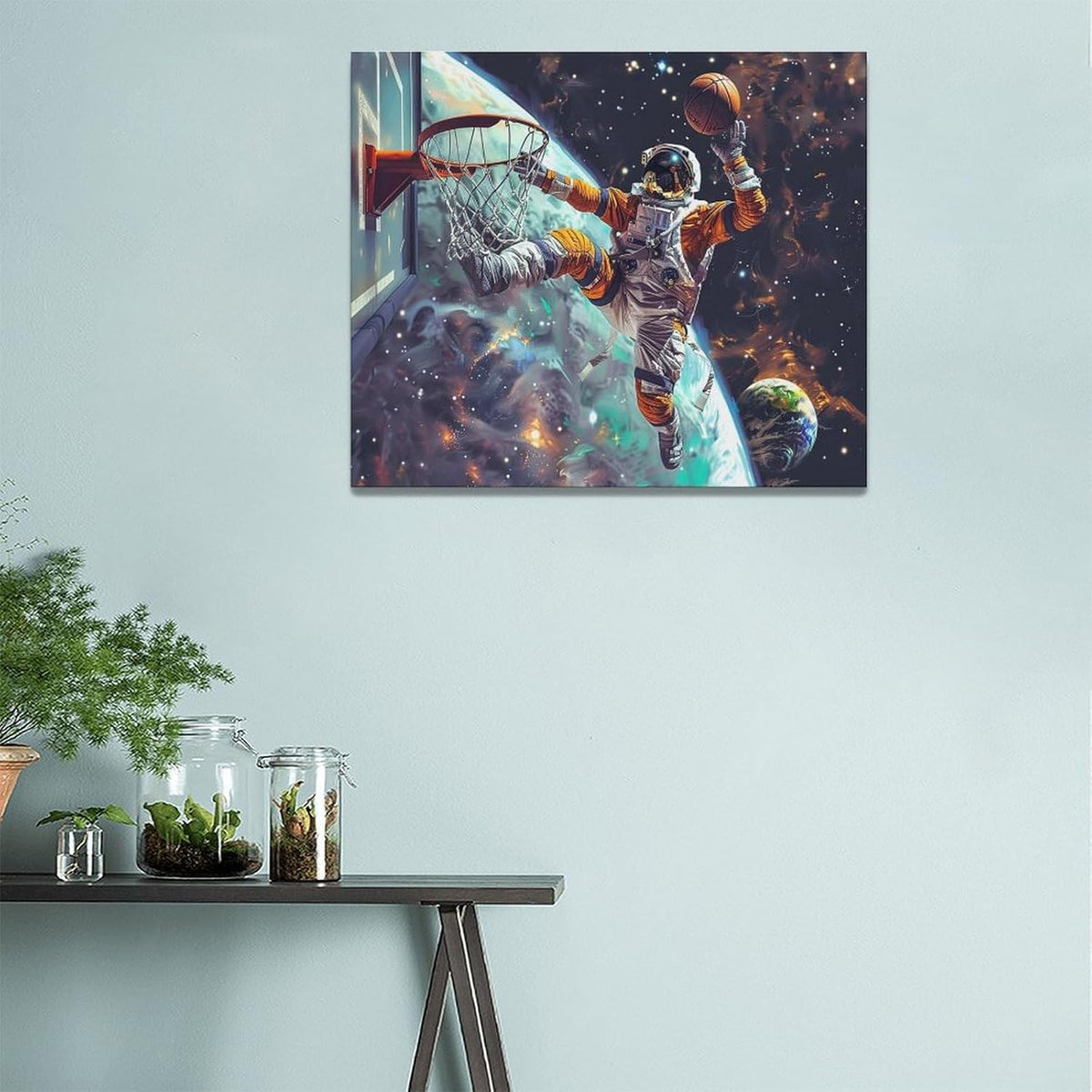 Quorin Astronaut Wall Art Funny Spaceman Basketball Pictures Space Galaxy Planet Wall Decor Canvas