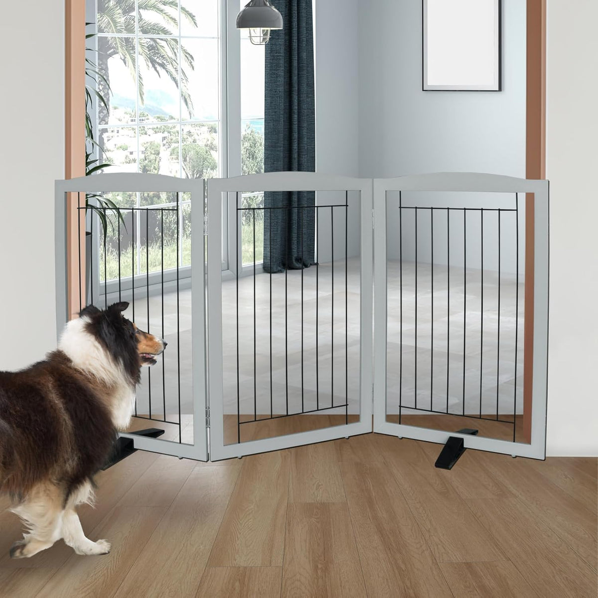 ZJSF Freestanding Dog Fence Indoor, Foldable Dog Gate for Doorways, Stairs or Hallways, Sturdy Wood