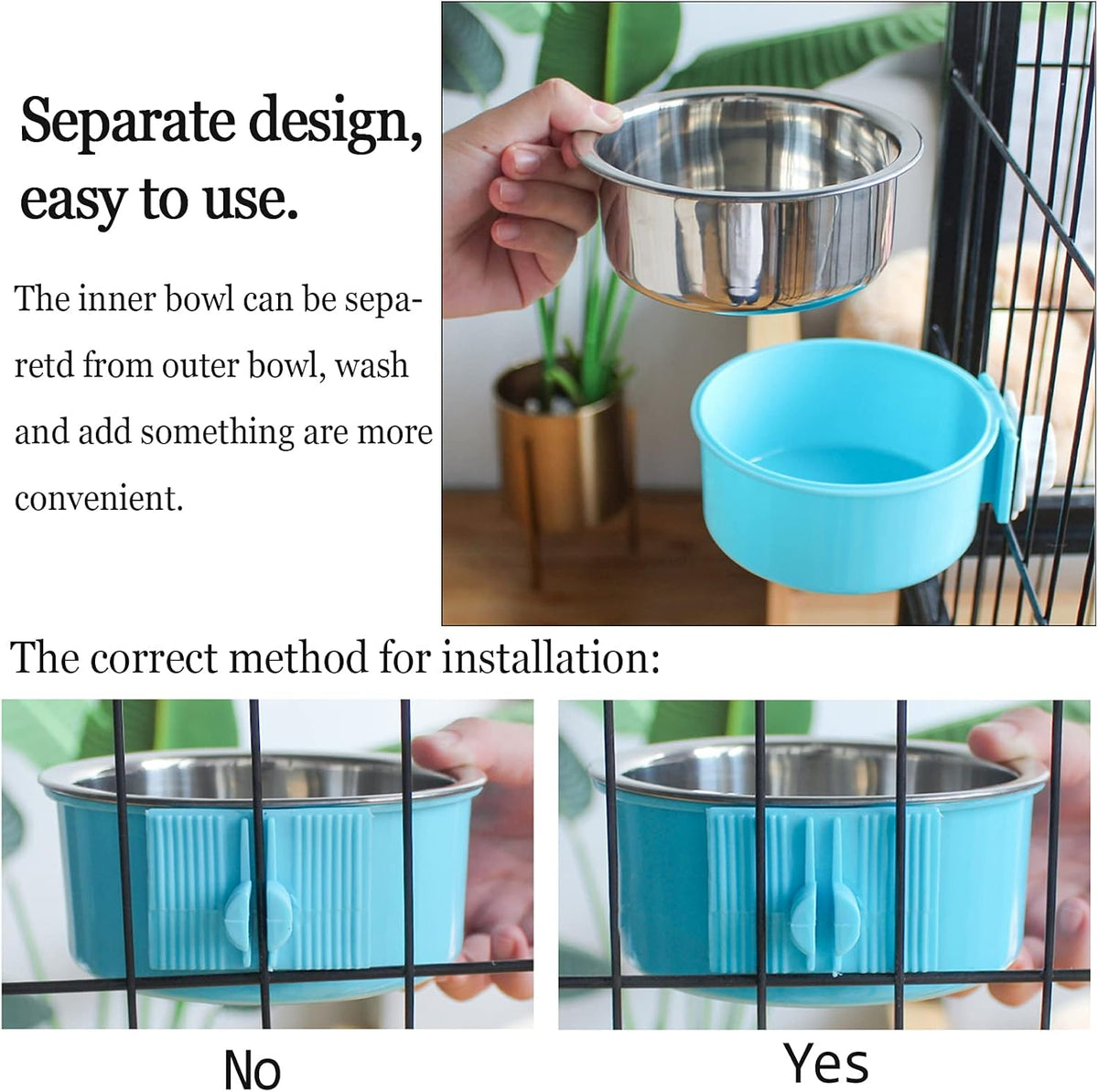 kathson Crate Dog Bowl, Removable Stainless Steel Hanging Pet Cage Bowl Food & Water Feeder Coop