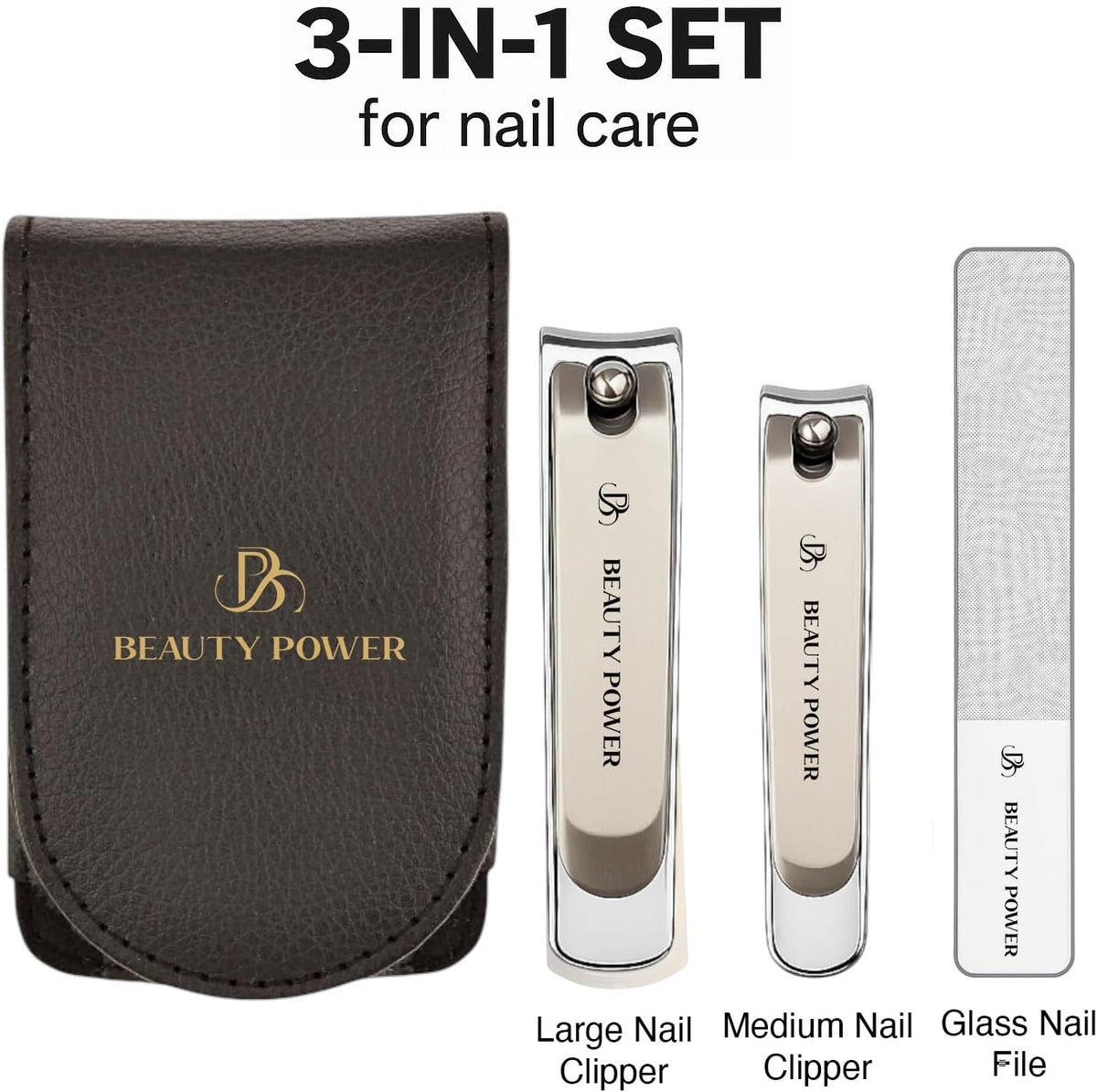 Nail Clippers Set 3 in 1 - Stainless Steel Toe Nail Clippers, Fingernail Clipper, Glass Nail File
