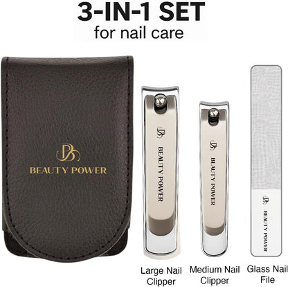 Nail Clippers Set 3 in 1 - Stainless Steel Toe Nail Clippers, Fingernail Clipper, Glass Nail File