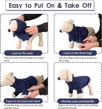 Queenmore Small Dog Pullover Sweater, Cold Weather Cable Knitwear, Classic Turtleneck Thick Warm