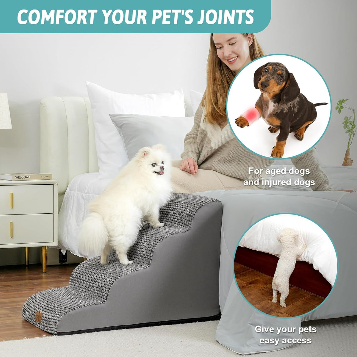 Dog Stairs for Small Dogs 19.7" H, Curved Dog Step for Puppy, Older or Cat, Medium Pet Ramp for