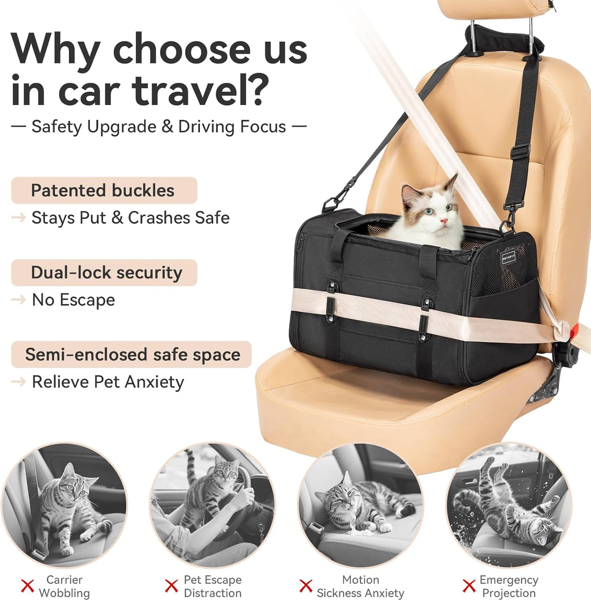 PETSFIT Soft-Sided Cat Carriers & Car Seats with Patent Safe Buckles, Clip-On Harness, 18"x11"x11"