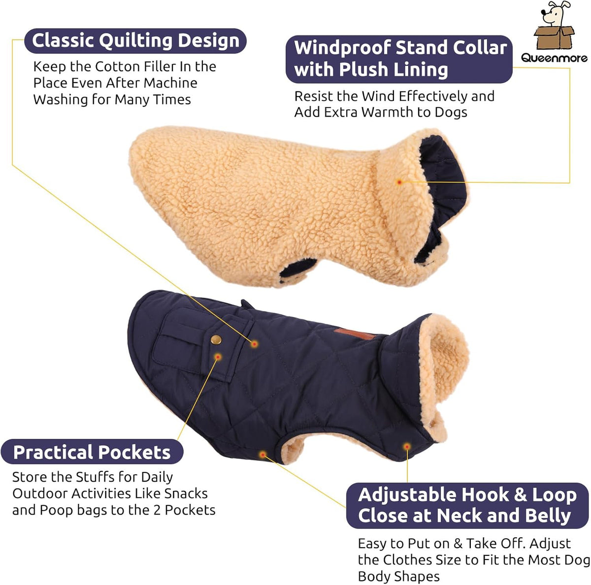 Queenmore Warm Puffer Dog Coat, Quilting Winter Jacket Ultra Thick Plush Lining with Storage