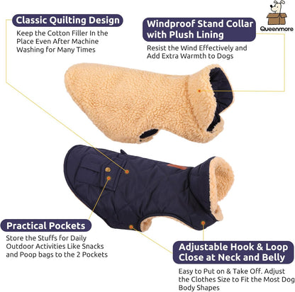 Queenmore Warm Puffer Dog Coat, Quilting Winter Jacket Ultra Thick Plush Lining with Storage