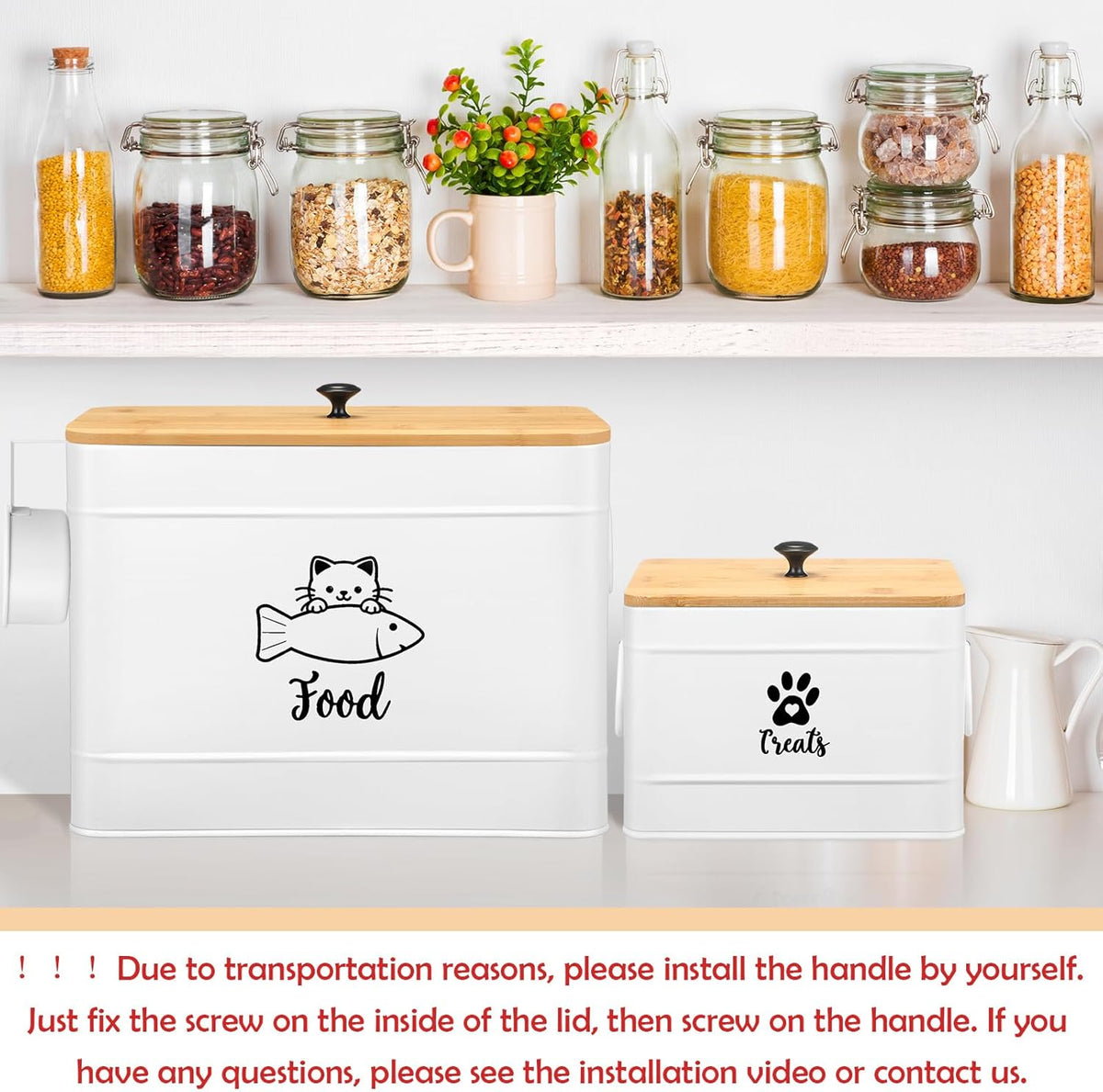 Extra Large Metal Cat Food Containers Airtight 12+3.5 lbs Cat Treat Snack Jars Set of 2 with Bamboo