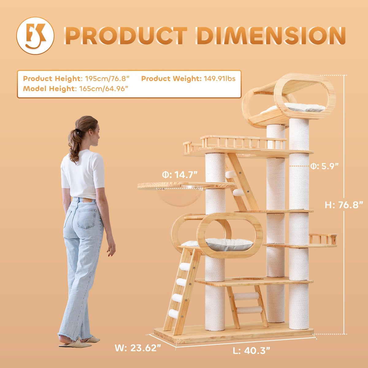 76.8'' Modern Cat Tree for Indoor Cats, Tall Wooden Cat Tower for Home Decoration, Multi-Level