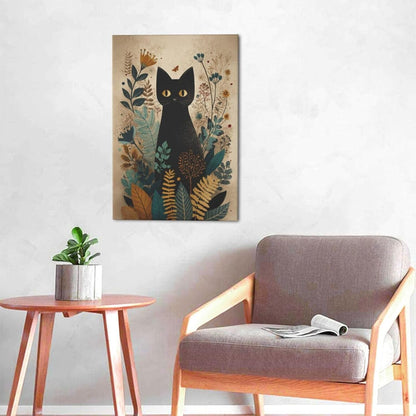 Boho Black Cat Wall Art Kitten Botanical Wall Decor Mid Century Modern Canvas Painting Print